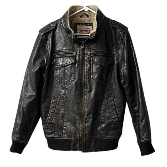 Levi's Men's Sherpa-Lined Faux-Leather Aviator Bomber Jacket - Size Small - Picture 3 of 13